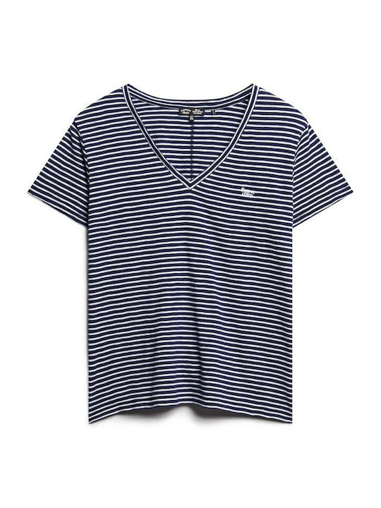 Studios Slub Emb Vee Damen Bluse Baumwolle Kurzärmelig mit V-Ausschnitt Gestreift Navy
