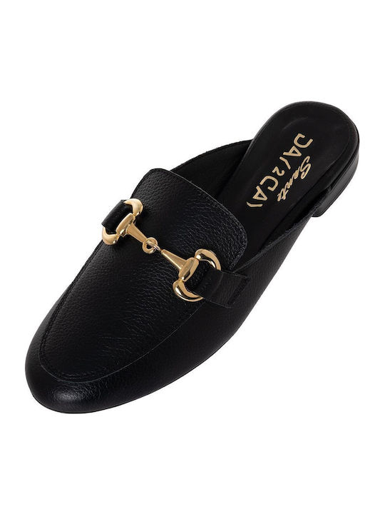 Flat Leather Mules in Black Color
