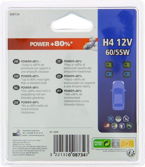 Michelin Λάμπες Αυτοκινήτου Power+80 H4 Αλογόνου 12V 2τμχ