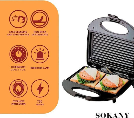 Sokany BBQ-138 Τοστιέρα για 2 Τοστ 800W Μαύρη