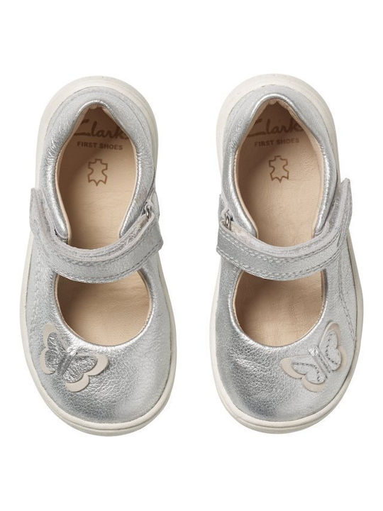 Clarks Kids Anatomic Leather Ballerinas with Hoop & Loop Closure Silver