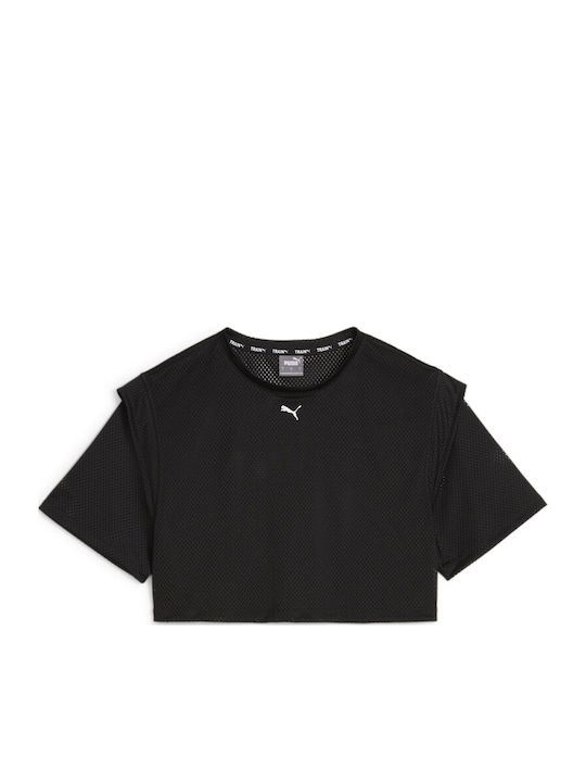 Damen Sportlich Crop T-Shirt mit Transparenz Schwarz