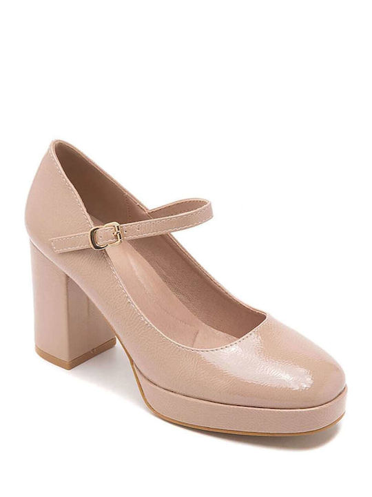 Keep Fred Patent Leather Beige Heels with Strap