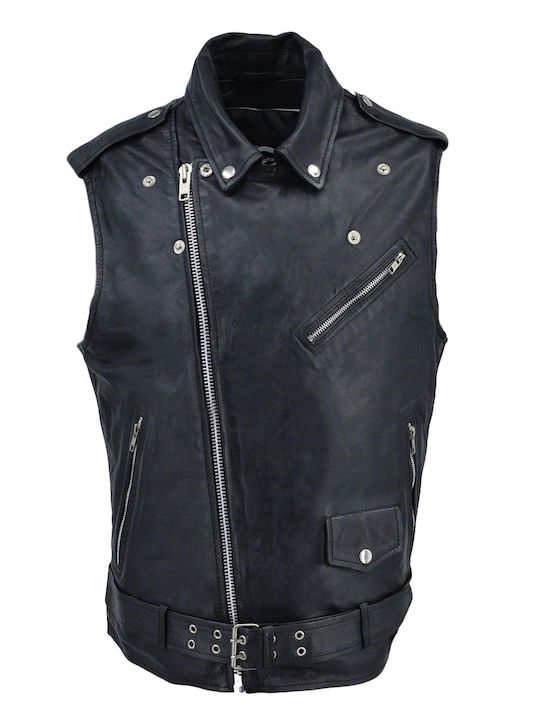 Δερμάτινα 100 Men's Winter Leather Sleeveless Jacket Black