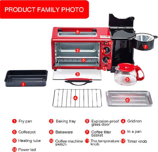 Raf 3 Ηλεκτρικός Φούρνος Καφετιέρα R.5308r 3 In 1 Breakfast Maker