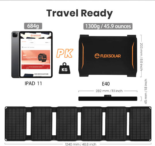Flexsolar Αναδιπλούμενο Ηλιακό Panel Φορτιστής 40W με USB Output (Φορητών Συσκευών) (FlexSolar-40W)