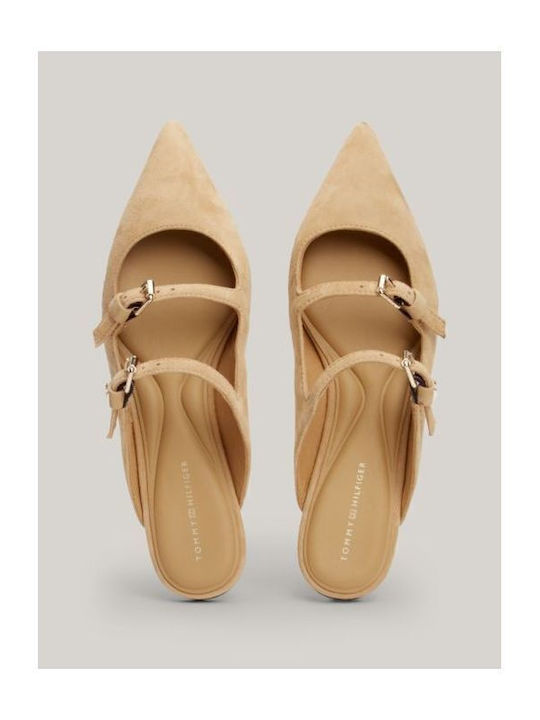 Suede Mules with Chunky High Heel in Khaki Color