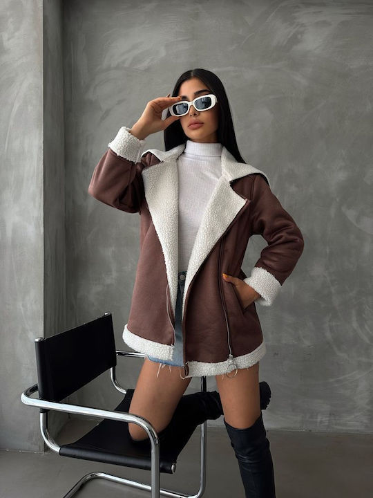 Women's Short Lifestyle Suede Jacket for Winter Brown