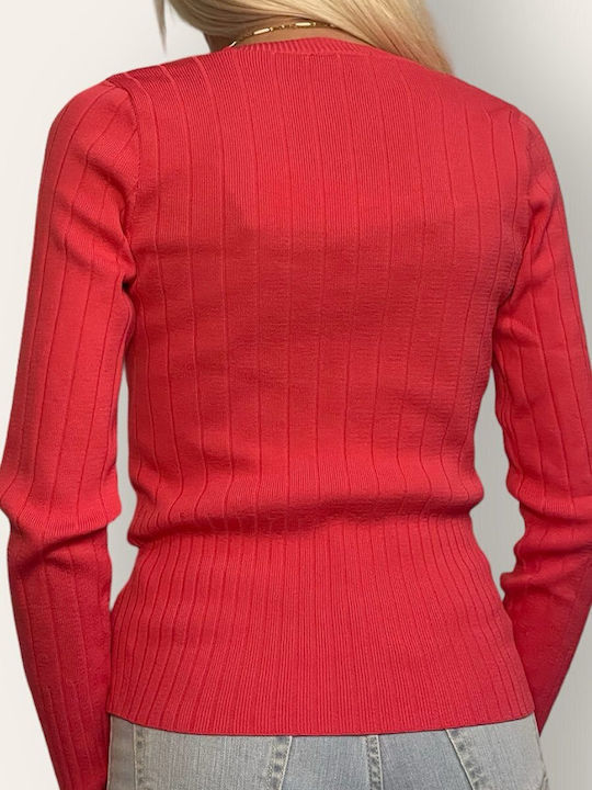 Le Vertige Women's Long Sleeve Sweater with V Neckline Coral