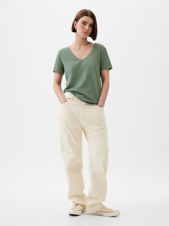 GAP Women's Blouse Cotton Short Sleeve with V Neckline Green