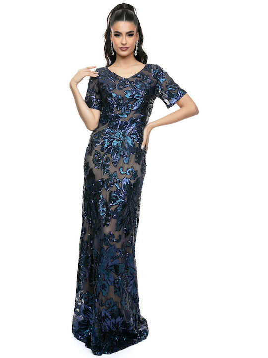 Anna Aktsali Collection Summer Maxi Evening Dress with Lace & Sheer Blue