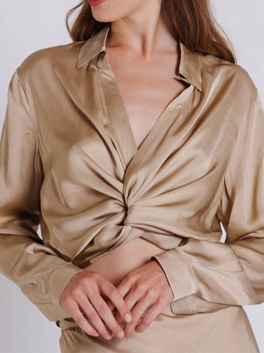 Langärmelig Damen Satin,σατεν Hemd Beige