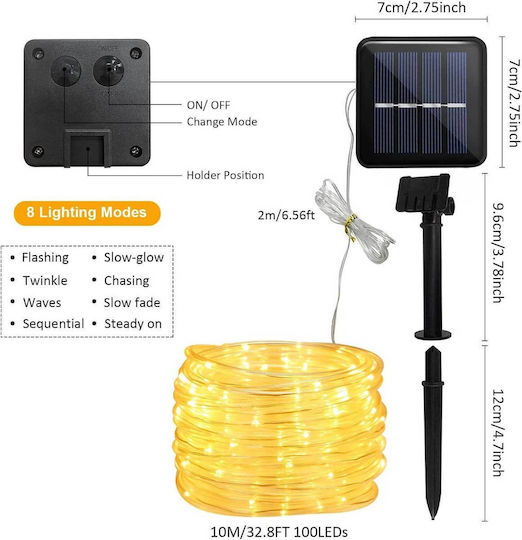 Jimacro Slrl Outdoor Solar Light Led Rope Christmas Light Tube Warm White Battery 100 Light Bulbs Programmable 12m IP65