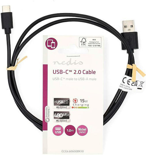 Nedis USB 2.0 Cable USB-C Male to USB-A 15W Black 1m