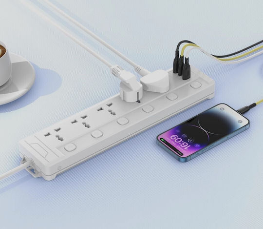 XO Πολύπριζο 5 Θέσεων με 2 USB-A, 1 USB-C, Διακόπτη και Καλώδιο 2m