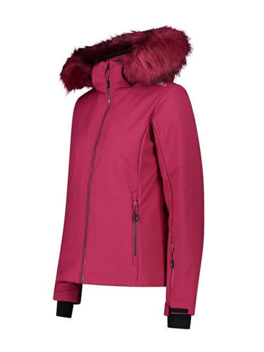 Women's Short Parka Softshell Jacket Waterproof and Windproof for Winter with Hood Burgundy