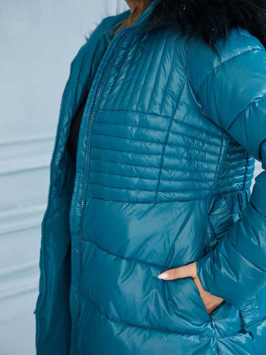 Bubble Chic Lung Jachetă de femei Puffer pentru iarnă Albastru