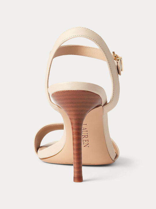 Leather Women's Sandals Beige with High Heel
