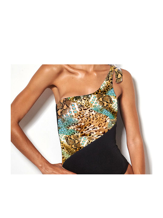 Costum De Baie Întreg Negru Animal Print Pe Un Umăr
