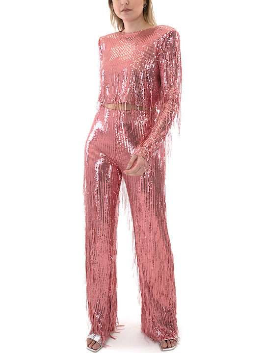 Women's High-waisted Fabric Trousers with Elastic in Regular Fit Pink with Sequins