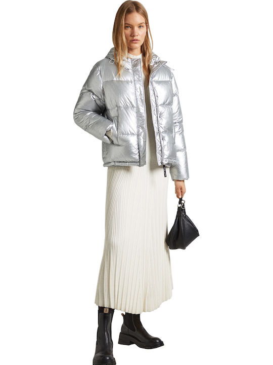 Morgan Κοντό Γυναικείο Puffer Μπουφάν για Χειμώνα Ασημί