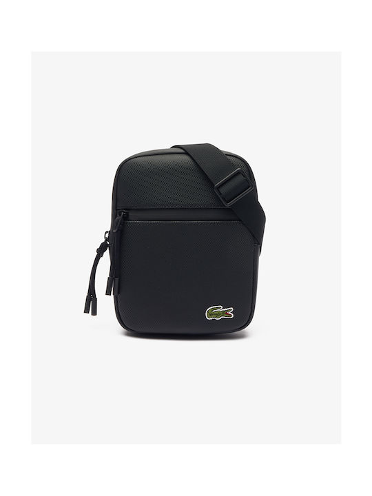 Lacoste Artificial Leather Sling Bag Flat with Zipper, Internal Compartments & Adjustable Strap Black 15x2.5x20cm