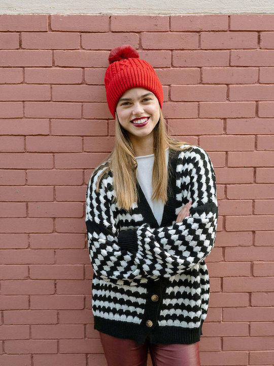 Pom Pom Beanie Unisex Beanie Gestrickt in Rot Farbe