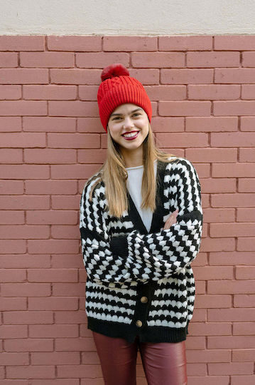 Pom Pom Beanie Unisex Beanie Gestrickt in Rot Farbe
