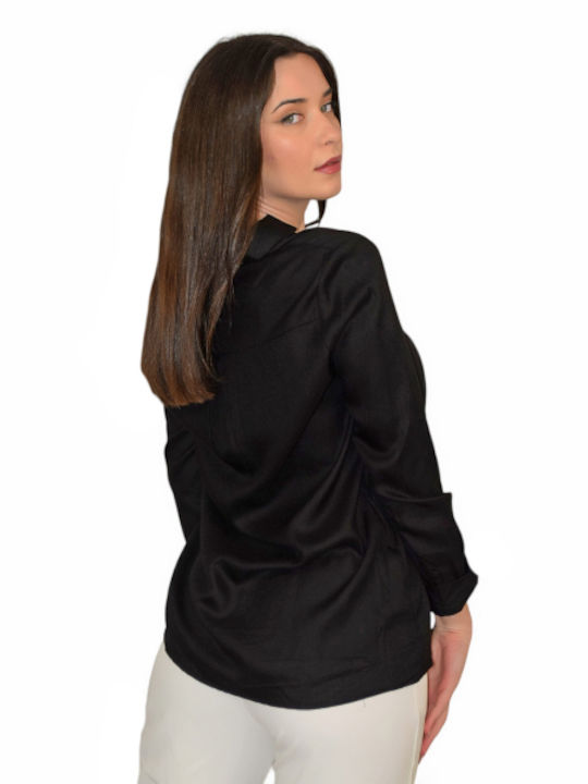 Morena Spain Women's Summer Blouse Long Sleeve with V Neckline Black