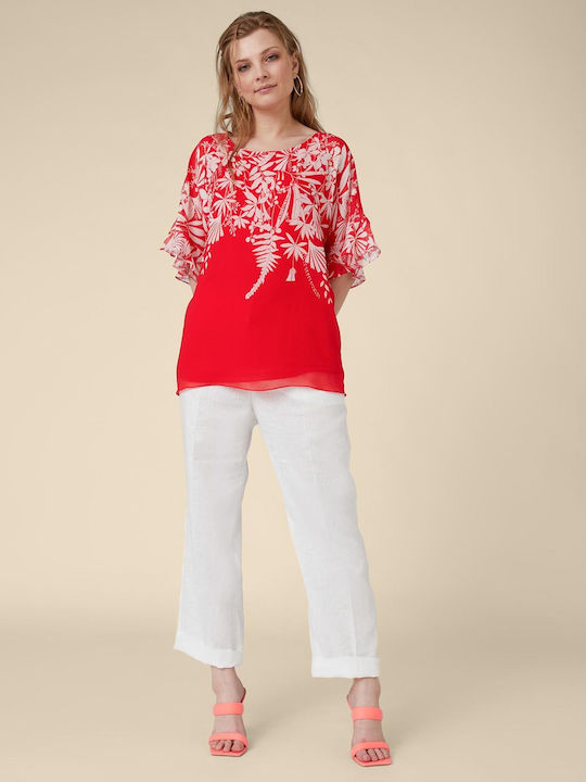 Elena Miro Women's Summer Blouse Short Sleeve Floral Red