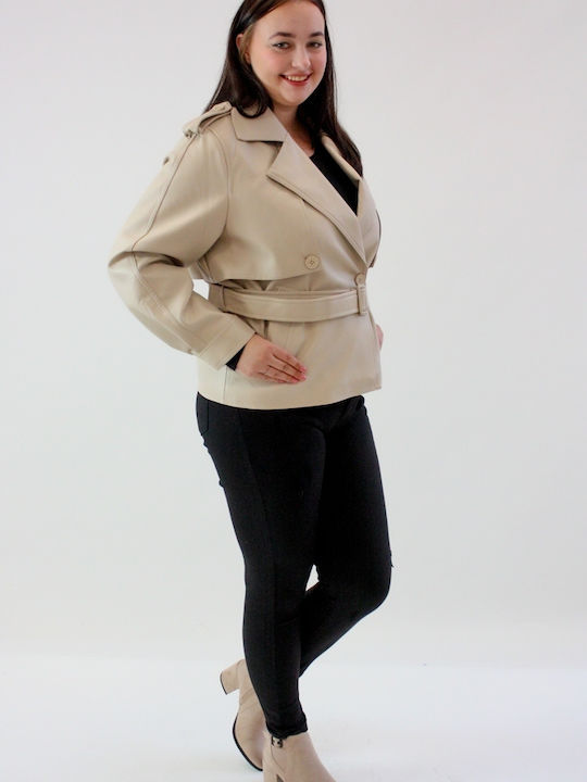 Brak Women's Short Lifestyle Leather Jacket for Winter Beige.