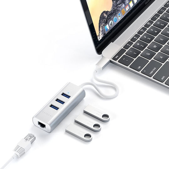 Satechi USB-Hub 3 Anschlüsse USB 2.0 mit Anschluss an einen Computer USB-C Ethernet Grau
