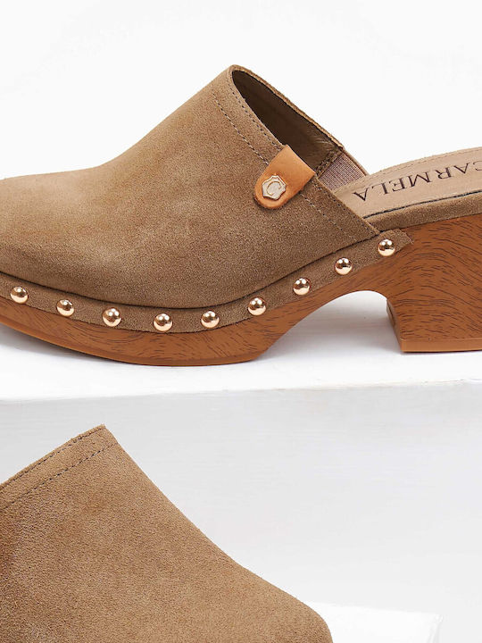 Leather Mules with Chunky High Heel in Brown Color