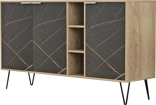 Sideboard Carbon Holz Schwarz - Schwarz Marmor 142x40x83cm