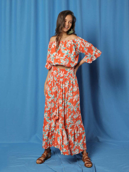 Set with Maxi Skirt Floral Orange