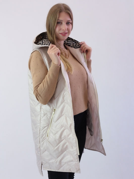 Brak Women's Short Puffer Jacket for Winter with Hood Beige