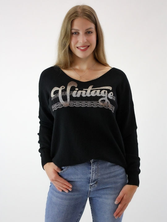 Brak Damen Langarm Pullover mit V-Ausschnitt Polka Dot Schwarz