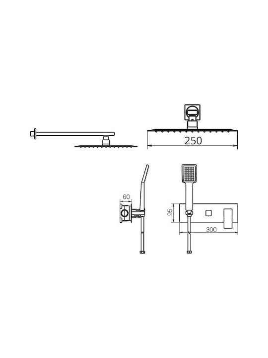 Excel Built-in Mixer, Hand Shower & Shower Head Set for Shower 2 Exits Silver
