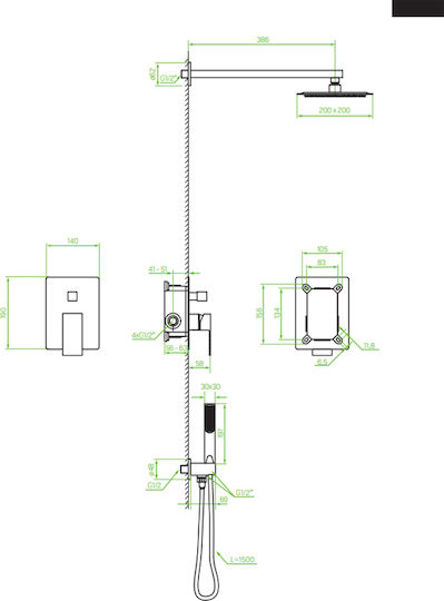 Laveo Built-in Mixer, Hand Shower & Shower Head Set for Shower Black