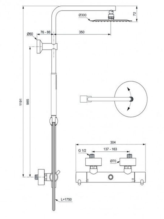 Ideal Standard Ceratherm T125 Shower Column with Bathtub Mixer 119.1cm Silver