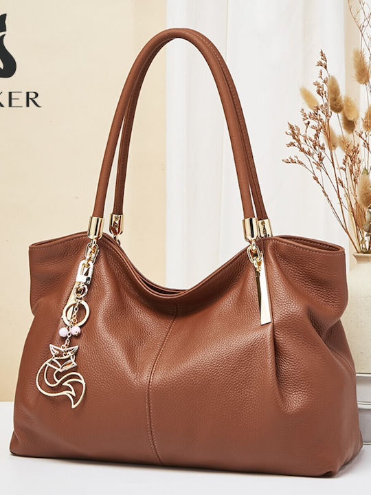 Δερμάτινη Γυναικεία Τσάντα Shopper Ώμου Καφέ
