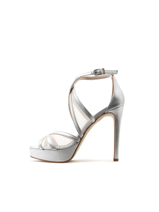 Fardoulis Leder Damen Sandalen in Silber Farbe