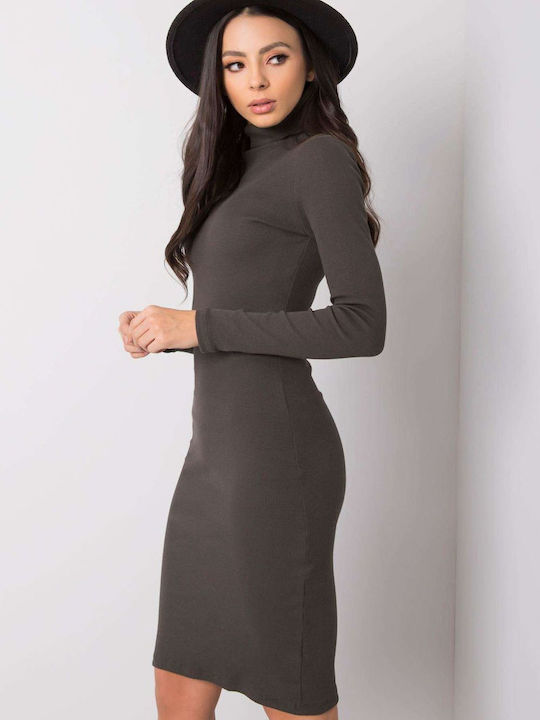 Rue Paris All Day Long Sleeve Cotton Midi Dress with Turtleneck Green