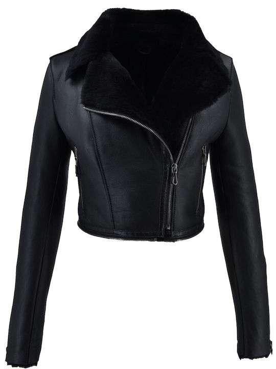 Dermatina 100 Κωδικος Women's Short Lifestyle Leather Jacket for Winter Black (BLACK)