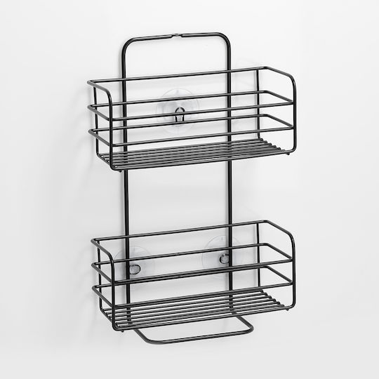 Zeller Montat pe perete Raft Baie Metal cu 2 Rafturi și Ventuze 25x9x38cm Neagră