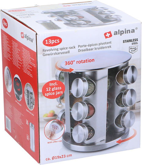 Alpina Appliances Θήκες Μπαχαρικών Ανοξείδωτες σε Περιστρεφόμενη Βάση Ασημί 12τμχ