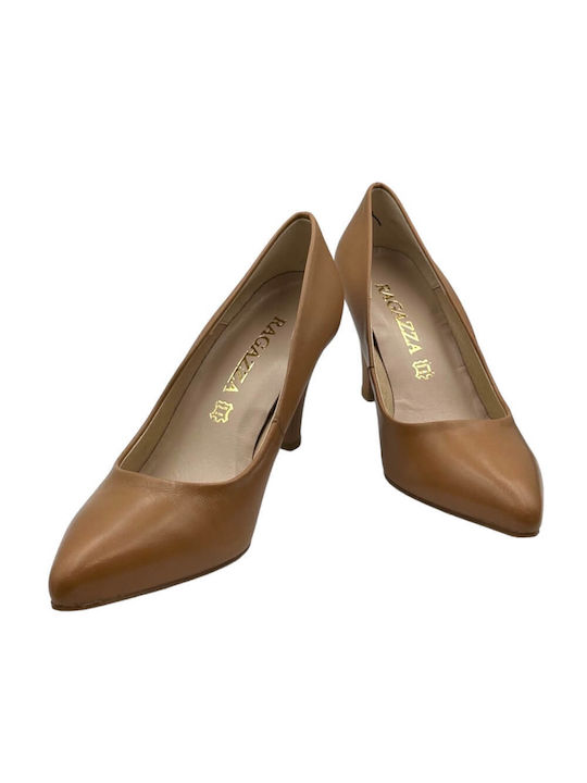Leather Pointed Toe Heels with Medium Heel Tabac Brown
