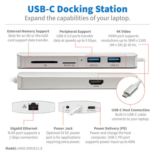 Eaton USB-C Docking Station with HDMI 4K PD Ethernet Gray (U442-DOCK11-S)