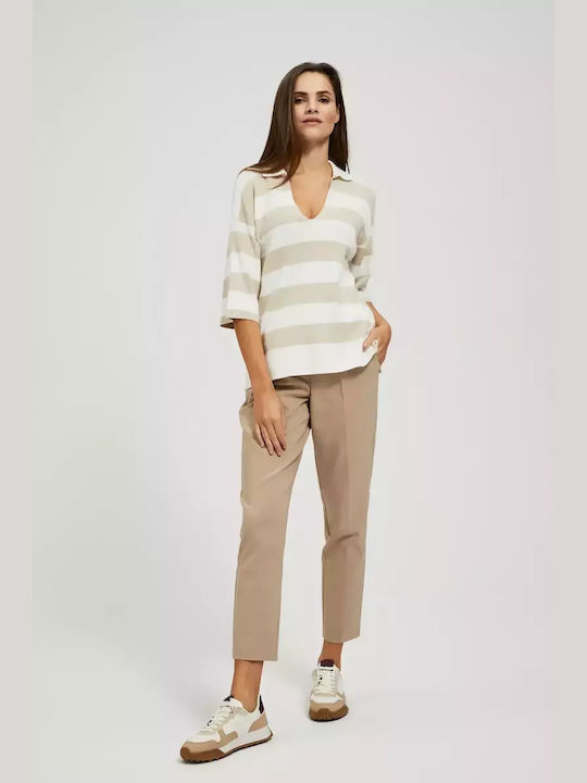 Make your image Women's Sweater with V Neckline Striped Light Beige
