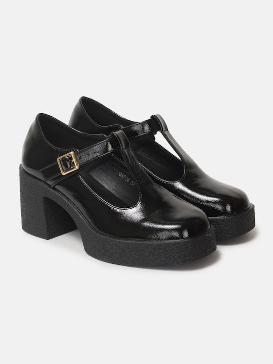 InShoes Patent Leather Black Heels with Strap